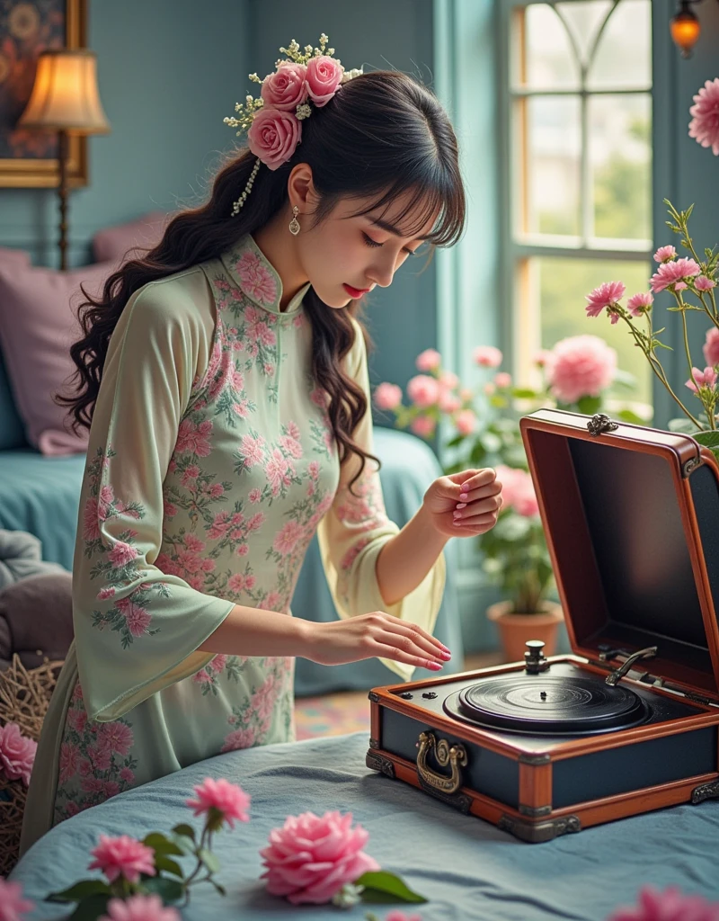 polaroid, film, graininess A Elegant and dignified woman in cheongsam interacting with a vintage-looking Vintage Record Player near a bed, insane intricate detail, head slightly tilted, Ambiguous and romantic atmosphere, indistinguishable from reality, film pellet, grain, lens flare, retro, aegyo sal