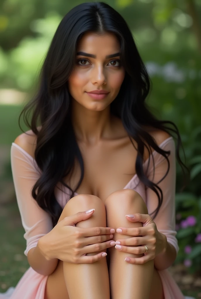 20 year old, latin woman, nude all, cexion robusta, piel morena oscuro, hair straightened, luz natural, sonrisa timida, posa en un parque con árboles y bello campo, topples, Sitting, raising her levemente leg,