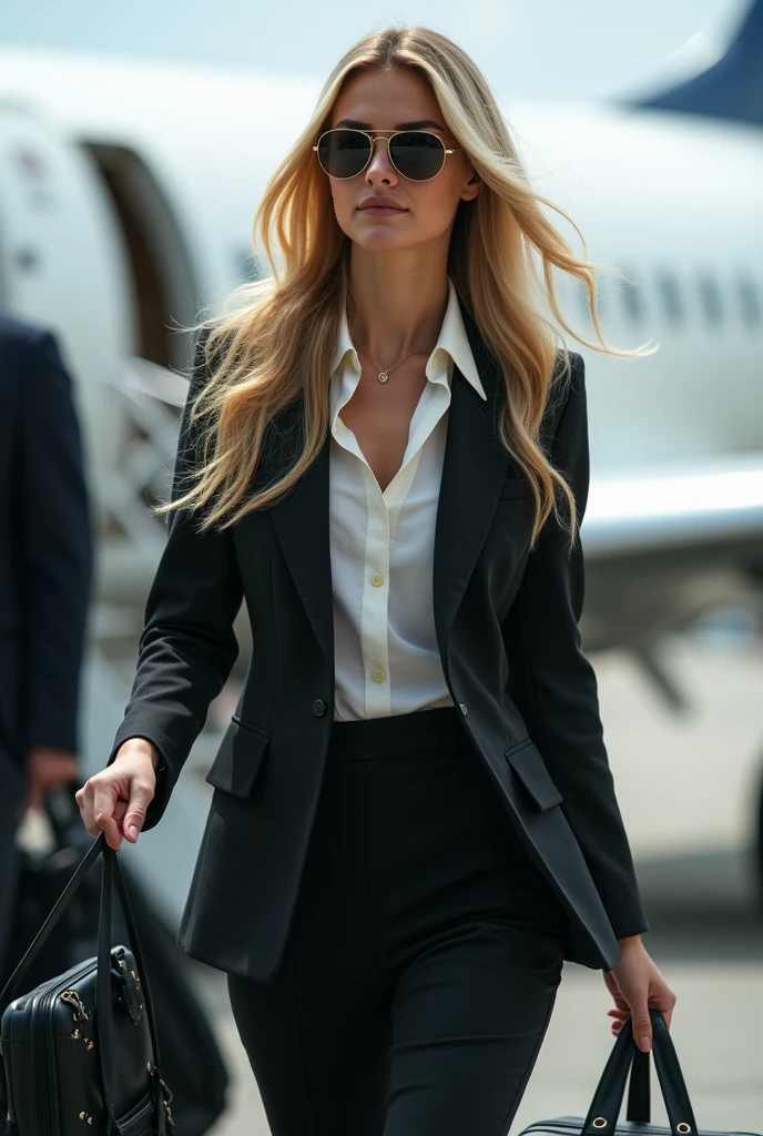 full body Ultra realistic image of a beautiful blonde woman, light eyes, dressed in a formal ensemble with a white blazer with black details, walking into an office on the 39th floor, frightened expression.