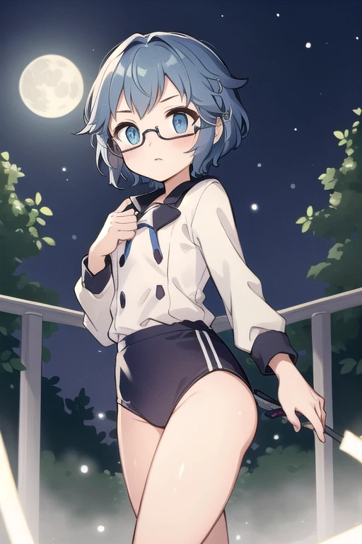 small breasted girl, short, , blue hair, single fishtail braid, blue eyes, round eyes, shy, shy, , short, young face, short height, , glasses with no edges,flat chest,night,walking，moonlight，in the forest， , (Naked: 1.5)，nipples are visible，pussy are visible，