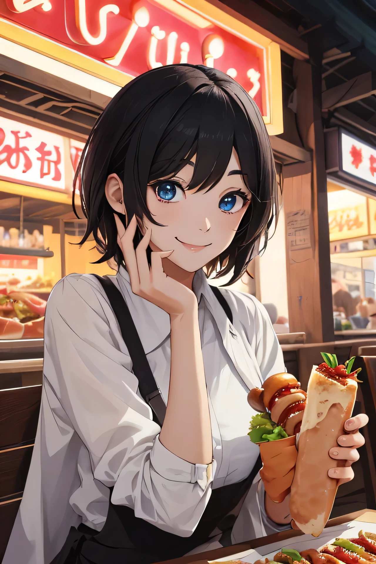 (masterpiece) ,best quality,amazing quality,very aesthetic,absurdres,newest, anime style, BREAK VN_Alicia, town, restaurant, eating hotdog , smile,  perfect hand, star eyes