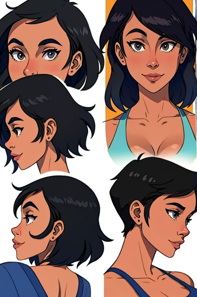 1girl,  Lois Lane, small breasts, , (Consistent character,  Same character), very short black hair, (black hair,  grey eyes ), light skinned, white background, Center Opening, cleavage cutout, bareshoulders,  seductive smile , ((master part, 8k, best quality, highly detailed)), (multiple view, multiple angle), side view, Front view, search, Look down, Back view, 20-degree head-view,