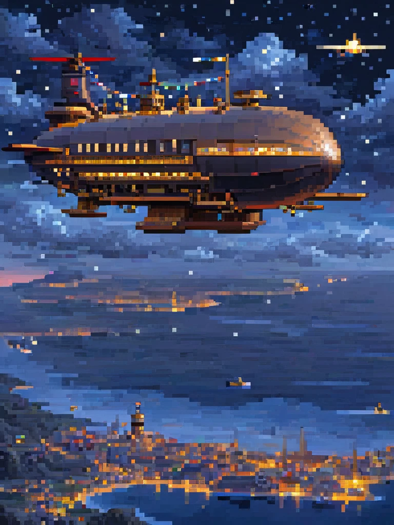 pixel art, ((1 a airship fantasy)), night, clouds, stars, (sky), top down view