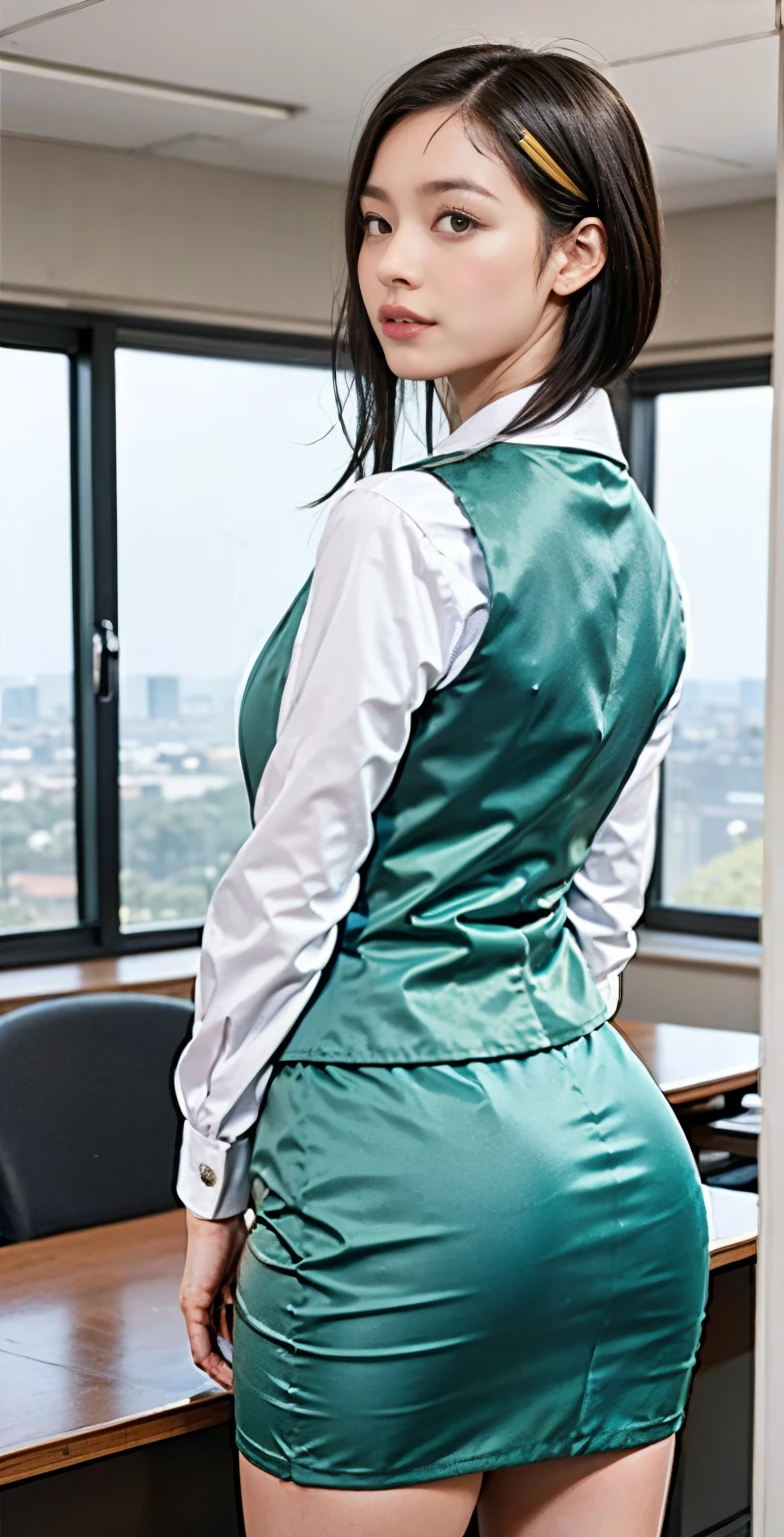 ( Medium Shot), ( back shot of one:1.3, Inside the office:1.5),  best quality, 非常に Detailsな,  Details,  high definition , 8k wallpaper,  beautiful fine details , classroom,  Sexy Face,  ecstatic expression with hands in front of body, The face of sexual excitement at its peak,  Her Expression When She Feels Being Caressed Hard, ( professional lighting,  LIGHT ON FACE ), (( one girl )),  sexy ass:1.5,  Perfect Slim Body , (( blond hair, Bob Hair,  shorthair , Longer Hair,  side lock)), Office Uniform, Office Vest,  micro mini skirt, (( pastel blue uniform, pastel blue skirt)),  in the style of ADX2 , from below ,