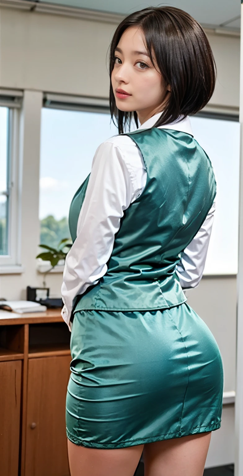 ( Medium Shot), ( back shot of one:1.3, Inside the office:1.5),  best quality, 非常に Detailsな,  Details,  high definition , 8k wallpaper,  beautiful fine details , classroom,  Sexy Face,  ecstatic expression with hands in front of body, The face of sexual excitement at its peak,  Her Expression When She Feels Being Caressed Hard, ( professional lighting,  LIGHT ON FACE ), (( one girl )),  sexy ass:1.5,  Perfect Slim Body , (( blond hair, Bob Hair,  shorthair , Longer Hair,  side lock)), Office Uniform, Office Vest,  micro mini skirt, (( pastel blue uniform, pastel blue skirt)),  in the style of ADX2 , from below ,