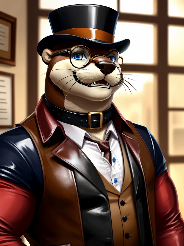 Solo, Male, fat, extremely obese, gentleman, dapper Professor Otter, blue eyes, (posing:1.3), (soft shading), 4k, hi res, ((detailed face, detailed)), looking at viewer, mouth wide open, steampunk, dapper clothing, collared shirt with buttons, top hat, male focus, Explorer Outfit, glasses, monocle, vest with buttons, sleeves rolled up, round eyewear, brown headwear, brown vest, office, Otter is wearing a glossy leather dog collar around the neck, Otter is wearing the leather collar and shirt and vest at the same time, Otter is wearing glossy white rubber gloves on the hands, wearing white rubber gloves on the feet, gloves are rubber in texture, clenching teeth, clenching fists, leather collar is glossy and shiny with a lot of detail, Otter is wearing gloves and leather collar at the same time, leather collar has a round dog-tag, leather collar is thick and detailed, leather collar is glossy and shiny, fancy clothing, dapper vest, dapper shirt, leather collar is thick, glossy leather collar.