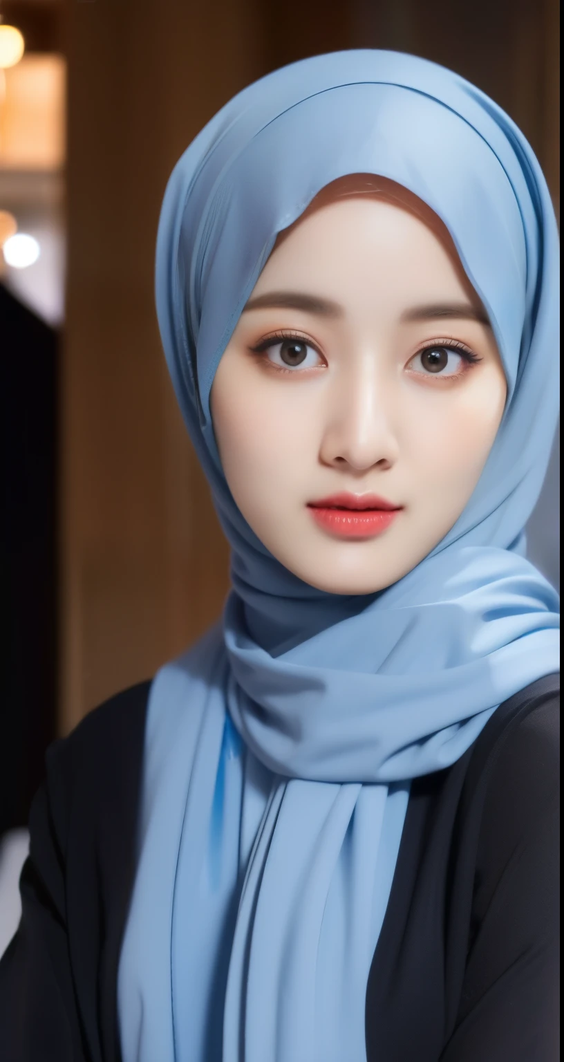 ((wear hijab in head)), pretty hijab girl, in caffe, caffe shop,beutifull long eyelashes, brown eyes, (intricate eye details), detailed nose, detailed lips, elegant face, detailed face, detailed eyes, detailed hijab girl, wear hijab girl, wear hijab, wear hijab in head, ((Big )), open long clothes, long abaya clothes, clothes abaya blue blush long outfit trendy, clothes long, clothes long, sexy waist, hijab girl, caffe background,masterpiece, (close-up shot portrait), position:standing, photorealistic, HDR, UHD, professional, vivid colors, warm lighting,night,masterpiece, realistic beautifull hijab.