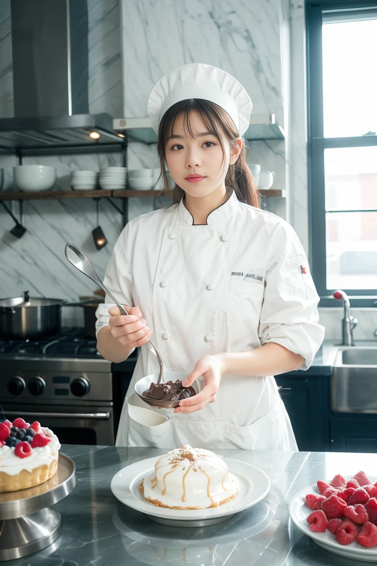 A female pastry chef meticulously working in a high-end, modern professional kitchen. She is wearing a crisp white chef’s jacket, a clean apron, and a traditional chef’s hat. Her hands are delicately placing garnishes on an artistic dessert, showcasing her precision and skill. The stainless steel counters around her are spotless, holding tools like a whisk, spatula, and piping bags, alongside ingredients such as berries, chocolate, and powdered sugar. In the background, there are shelves filled with jars of colorful ingredients, an industrial oven, and a mixer, all arranged neatly. The setting is brightly lit with natural and artificial light, creating a warm, inviting atmosphere that emphasizes the craft of pastry making.