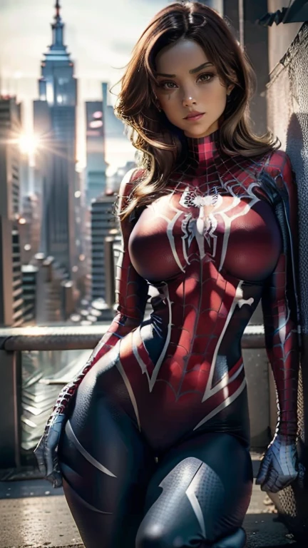  bright color , amazing 8K ,  very detailed, Photographically, masterpiece, 1 woman, shiny skin,  Beautiful White Skin , Tight Spider-Man： a woman wearing a costume without a mask designed by No Way Home,  Spider-Man without a detailed mask ： No Way Home costume suit ,  The costume is made of ultra-thin material that shows the shape of her body line ,  spider logo on chest ,   Detailed Spider-Man without a mask ： Sexy woman in a No Way Home costume  ,  Breasts big enough to stick out of the body ,  erect nipples that can be seen even from above the costume ,  waist with thin abs , Big round butt ,  erect nipples that can be seen even from above the costume {x} pussy that shows the shape of streaks even from the top of the costume,  Full body balance and attractive body line , highlights her large breasts that show the shape of her nipples,  soft smile ,  Above the Empire State Building in Manhattan during the day ,  is above the Empire State Building , Background with a view of the New York cityscape at daytime , Her horizontal angle from an oblique front , Natural light that illuminates her whole body from the front, The overall contrast shadows of the portrait are soft,  volume fog , Dramatic Mood Lighting , Anatomically correct , 