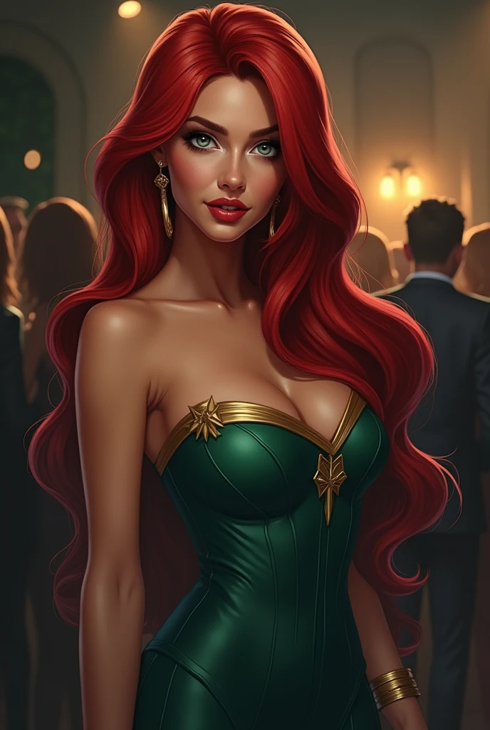 (masterpiece, top quality, best quality, official art, beautiful and aesthetic:1.2), beautiful woman in a hat with red hair sitting at a table with a drink, 1 9 4 0 s old hollywood, vintage, dressed like in the 1940s, realistic, vintage movie shot, film style, in her early 20s, sexy girl, sexy pose, red hair, beautiful green eyes, and a perfect body, 8 k hd detailed oil painting, stunning woman