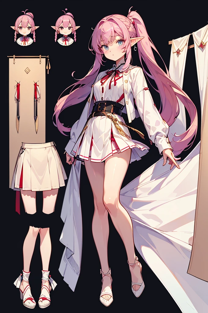  black background with spotlights,  pointed ears、Elf、Braided Disheveled Hair , Half-up ponytail、 Pink Hair, white blouse ,  red ribbon,  beige cardigan ,  check skirt, medium breast,sketch ( character design sheet , same characters, whole body, Three Views, Front, ~ ~ ~ side, return),(Very bright:1.1)