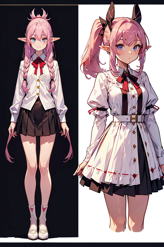  black background with spotlights,  pointed ears、Elf、Braided Disheveled Hair , Half-up ponytail、 Pink Hair, white blouse ,  red ribbon,  beige cardigan ,  check skirt, medium breast,sketch ( character design sheet , same characters, whole body, Three Views, Front, ~ ~ ~ side, return),(Very bright:1.1)