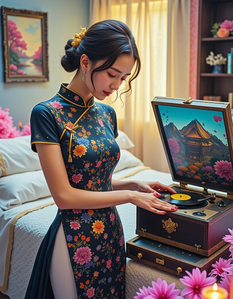 polaroid, film, graininess A Elegant and dignified woman in cheongsam interacting with a vintage-looking Vintage Record Player near a bed, insane intricate detail, head slightly tilted, Ambiguous and romantic atmosphere, indistinguishable from reality, film pellet, grain, lens flare, retro, aegyo sal