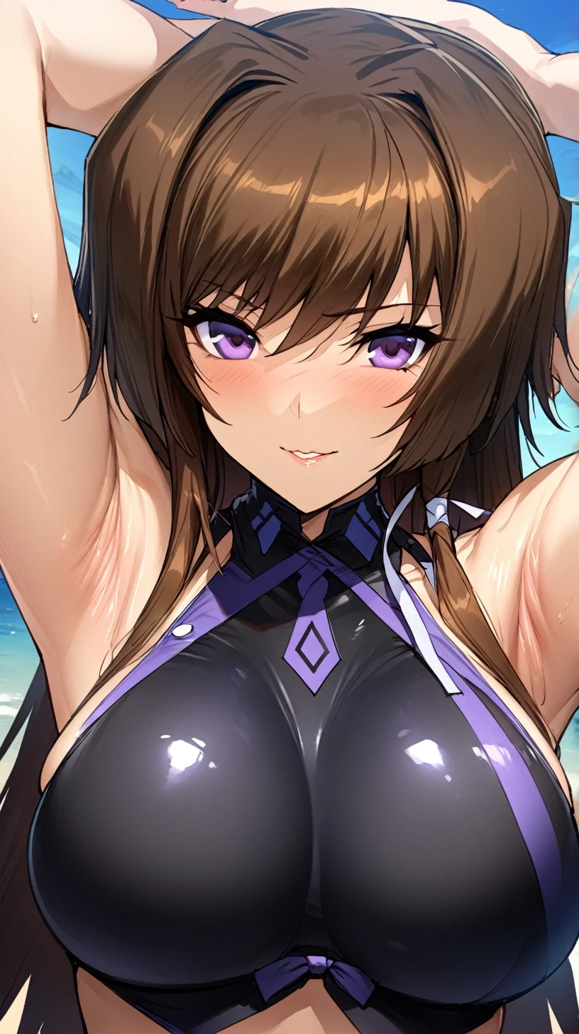 (masterpiece),(Highest quality),(Very detailed),(The best illustrations),(Best Shadow),(Absurd),(Detailed Background]),(Very aesthetic), One girl, alone, takamura yui, Brown Hair, Purple Eyes, Long Hair, Original Outfit, Upper Body, Seductive lips, Large Breasts, Captivating smile, Swimsuit, Spread your armpits, The background is blue sky,