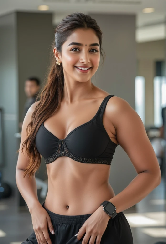 1 girl, strong girl, long hair styled in an elegant updo, looking at the viewer with a confident and radiant smile, wearing a Yoga Pants, adidas Aeroimpact Training Light-Support Bra. Exposed midriff and visible navel, highlighting her toned waist and curvy figure. She wears Hair band and fitness watch and she is in gym. Detailed, smooth skin with a natural glow, expressive and perfectly shaped eyes, small bindi on her forehead, and in an indoor, natural setting with soft lighting,rakul preet singh