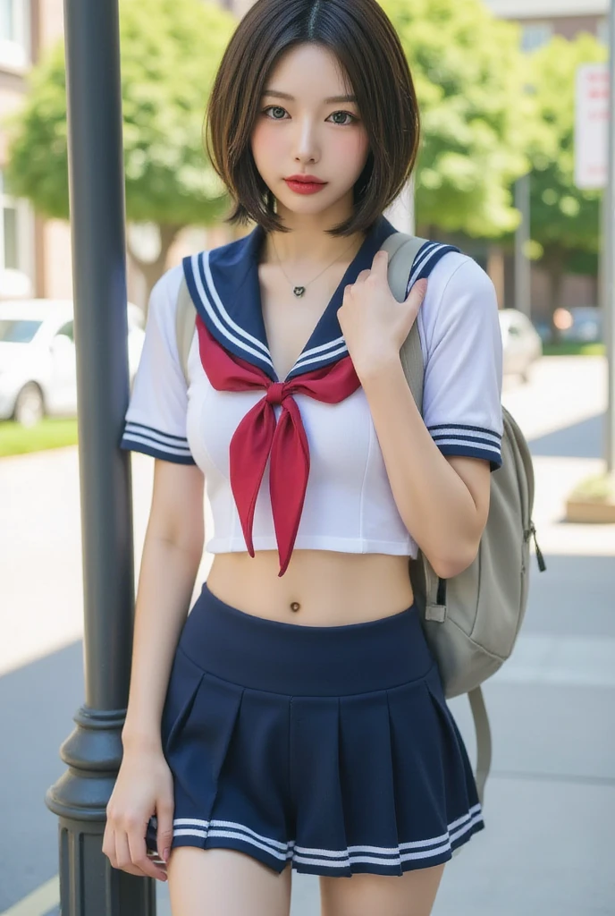  perfect composition, Proper placement, Golden Ratio, masterpiece,  best quality, Front View:1.331,   Big accessory in a backpack ,  Leaning against a pole-shaped car stop , Talking on iPhone ,  stares at the viewer,  she is a famous supermodel ,  Japanese high school sailor suit :1.21, Short sleeve clothing,  white short sleeve sailor suit:1.21, sera fuku:1.21, Red ribbon on,   Navy Blue Miniskirt ,  I can see her belly button , School backpack ,  anatomically correct ratio ,  Sunlight shining in ,  pixie cut hair  :1.21,  Small head of brown hair ,  sun rays ,  global lighting ,  an expression of absolute beauty , 