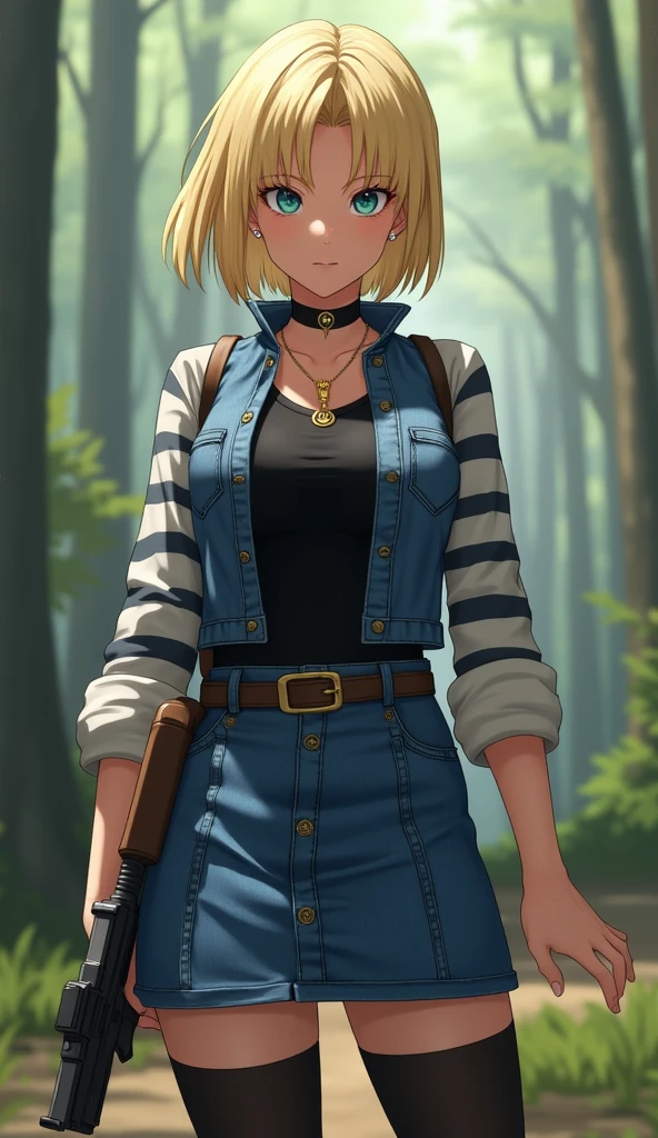 Women, Best quality, High resolution, and18, 1 girl, Android 18, Alone, blonde hair, Blue eyes, belt, blue denim bodycon , gold necklace, black shirt, short hair , long sleeves, striped white sleeves , earrings, [ , blue denim vest, , gunman shooting, forest, head on, (climate: Windy), combat posture , full stockings, Battle ruins, wide , shy smile,