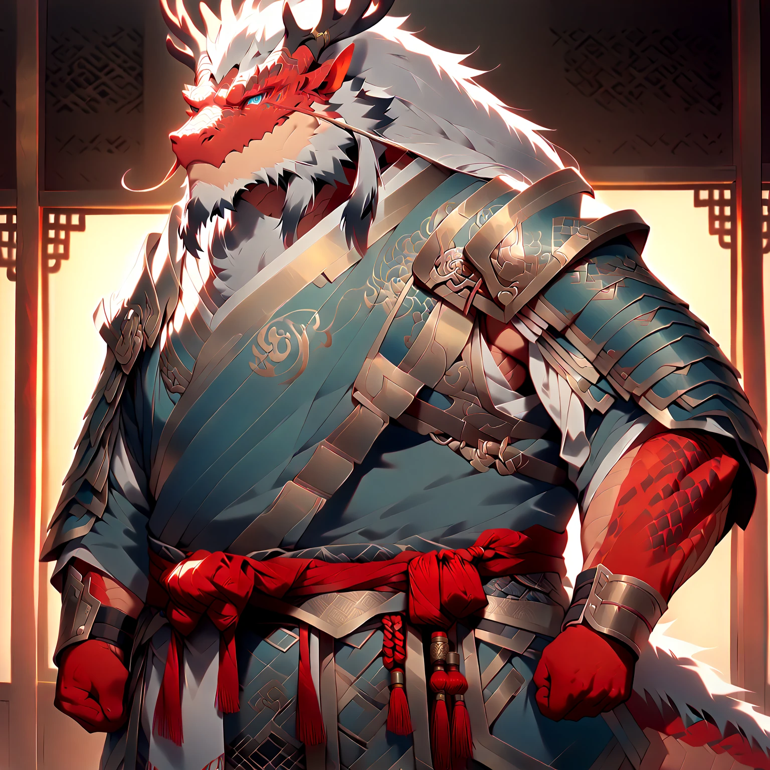 ### Personagens Principais & identity
(:1.4), ( Oriental Dragon Furry :1.3), Strong male, Mature Dragon , doll, masterpiece,  is of the best quality, (Front view:1.2), Full body portrait, Professional lighting, alone, 1 boy

###  physical characteristics
broad chest , Thick Arms,  Strong Thighs , Clear abdominal muscles, ( Dignity Pose :1.2), ( General's Temperament :1.2)

###  Dragon Characteristics 
( Blue Eyes :1.2), ( antlers:1.2),  Long Beard , (Red scales:1.8),  White Chest Scales , (gray mane :1.2), Dragon Tail,  detailed scale texture , Dragon Claw

### armor & clothing
( Oriental General Armor :1.3),  heavy shoulder armor ,  Red Gold Decorative Breastplate , Metal Armguards ,  Waist Armor , Metal combat skirt

###  simple background
An ordinary stone wall(1.4),  Simple Floor ,  natural light, Simple environment

###  Quality Requirements
Ultra high resolution ,  Perfect Lighting , Professional Photography