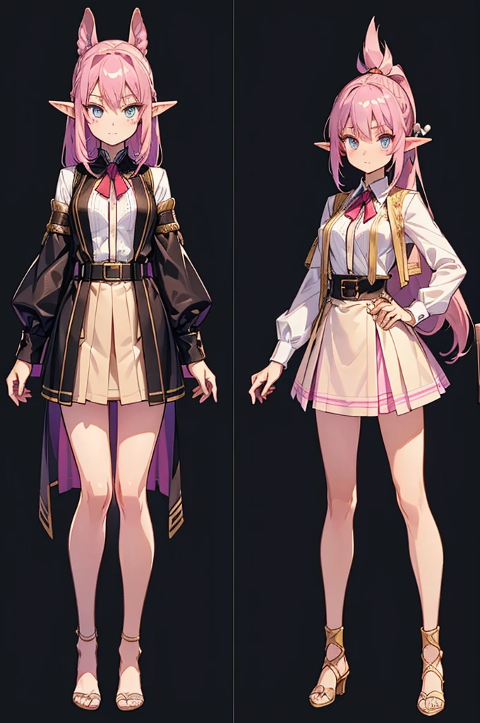  black background with spotlights, improve,  pointed ears、Elf、Braided Disheveled Hair , Half-up ponytail,Pink Hair,  beige cardigan ,  check skirt, medium breast,sketch ( character design sheet , same characters, whole body, Three Views, Front, ~ ~ ~ side, return)