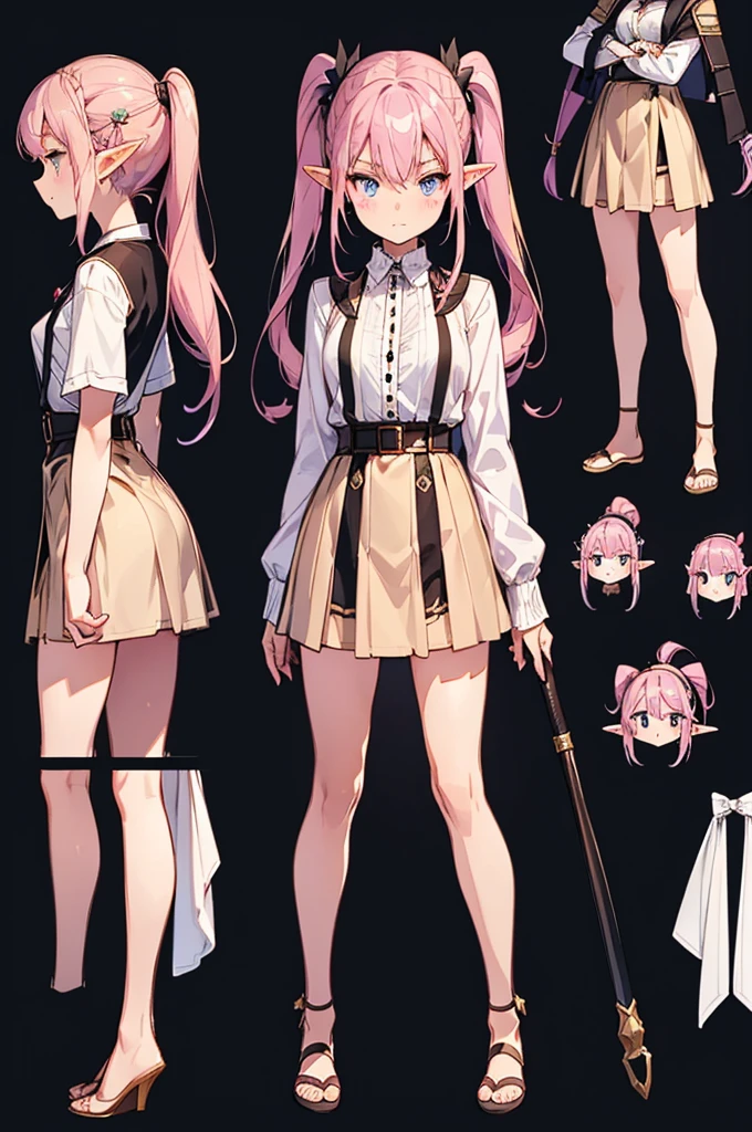  black background with spotlights, improve,  pointed ears、Elf、Braided Disheveled Hair , Half-up ponytail,Pink Hair,  beige cardigan ,  check skirt, medium breast,sketch ( character design sheet , same characters, whole body, Three Views, Front, ~ ~ ~ side, return)