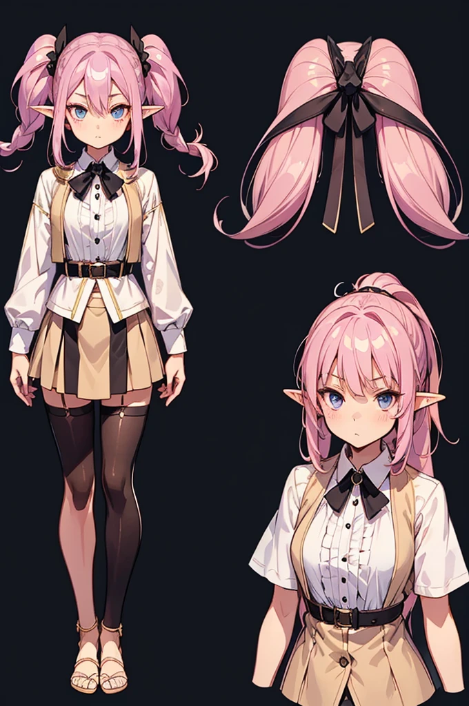  black background with spotlights, improve,  pointed ears、Elf、Braided Disheveled Hair , Half-up ponytail,Pink Hair,  beige cardigan ,  check skirt, medium breast,sketch ( character design sheet , same characters, whole body, Three Views, Front, ~ ~ ~ side, return)