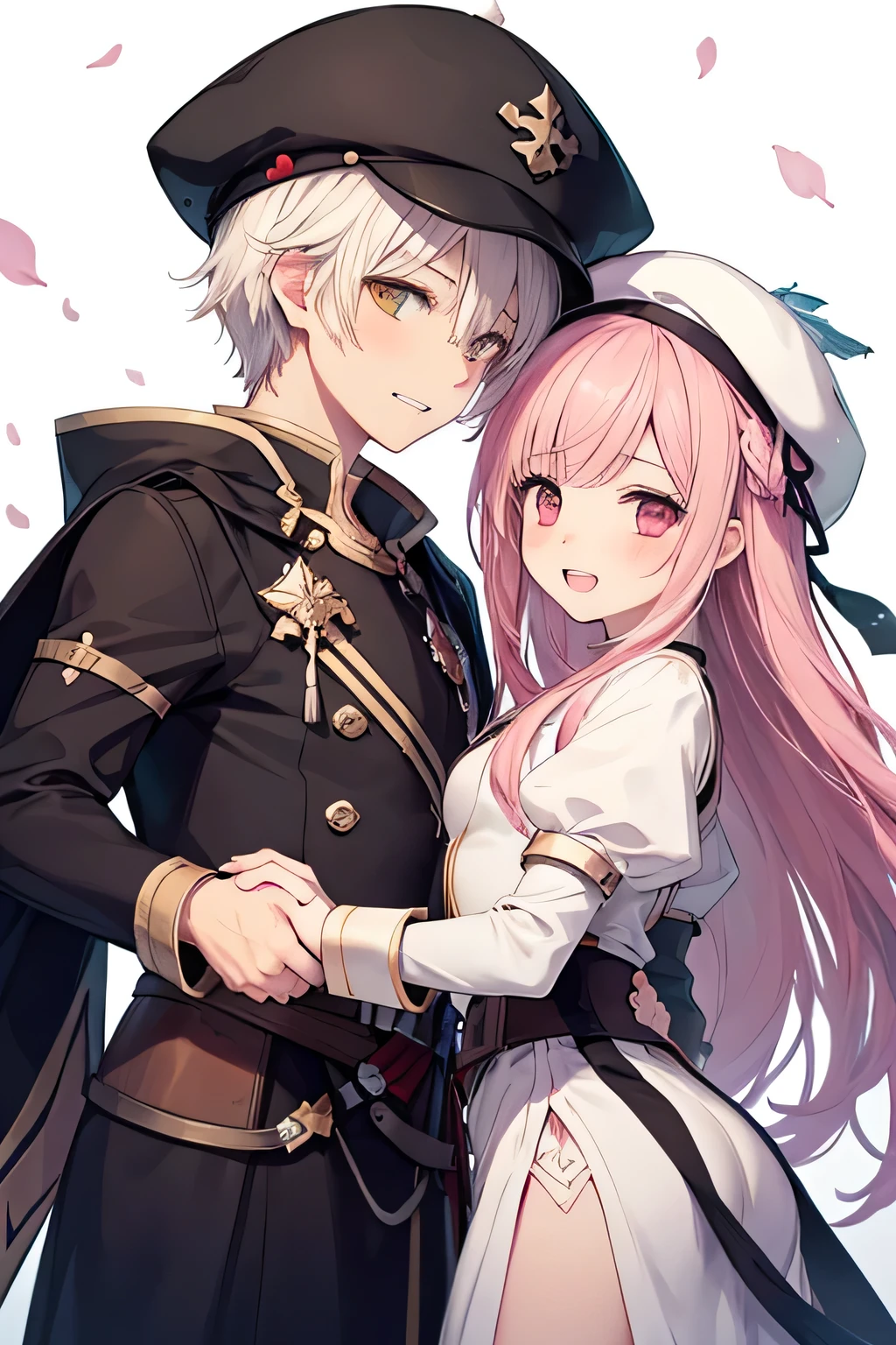 Men's couples(lord knight male),(( ragnarok online )( Feather beret)) And girl smiling ,  shaking hands , ( showing teeth ), standing,  pink hair color, combat pose,  mmorpg background ,  mmorpg background (A stranger), complete anatomy,   graphic effects ,  ornament of an accessory shaped like a flower on her head , aura, Monk black and white uniform( ragnarok online ), white hood( ragnarok online ), height 159 cm  ( 5 feet 3 inches ), hard fists ,  caste summoning circle ability Guillotine Fist((kanji)( ragnarok online ), Blue Fire Force +vapor,  fire around, strong breeze , black and white cat mascot ,  sakura petals and leaves, first person, blush,  looking at the spectator , Charm, Pausa de toque ciego  looking at the spectator , 