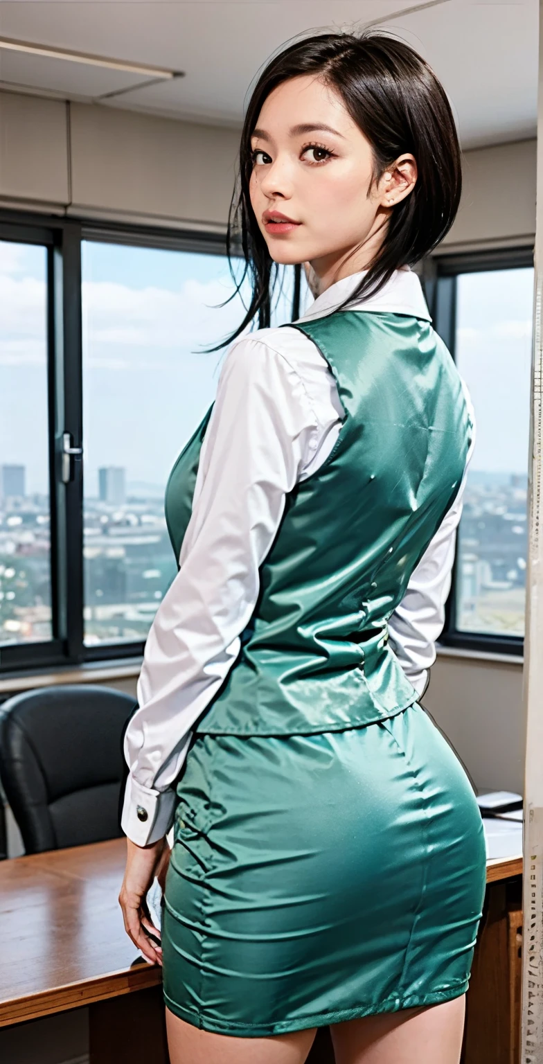 (  Medium Shot), ( One person :1.3, Inside the office:1.5),   best quality, 非常に  Detailsな,   Details,   high definition  , 8k wallpaper,   beautiful fine details , classroom,   Sexy Face,   Put your hands in front of your body for an external expression ,  face of pinnacle of sexual arousal,    expression when feeling intensely caressed , (  professional lighting,   LIGHT ON FACE  ), (( One personの*** )),   sexy ass:1.5,   Perfect Slim Body  , (( Blonde, Bob Hair,   short hair on the nose  , Long Hair,   side lock)), Office Uniform, Office Vest,   micro mini skirt, ((  pastel blue uniform, pastel blue skirt)),   I'm watching the viewer  , from below  ,