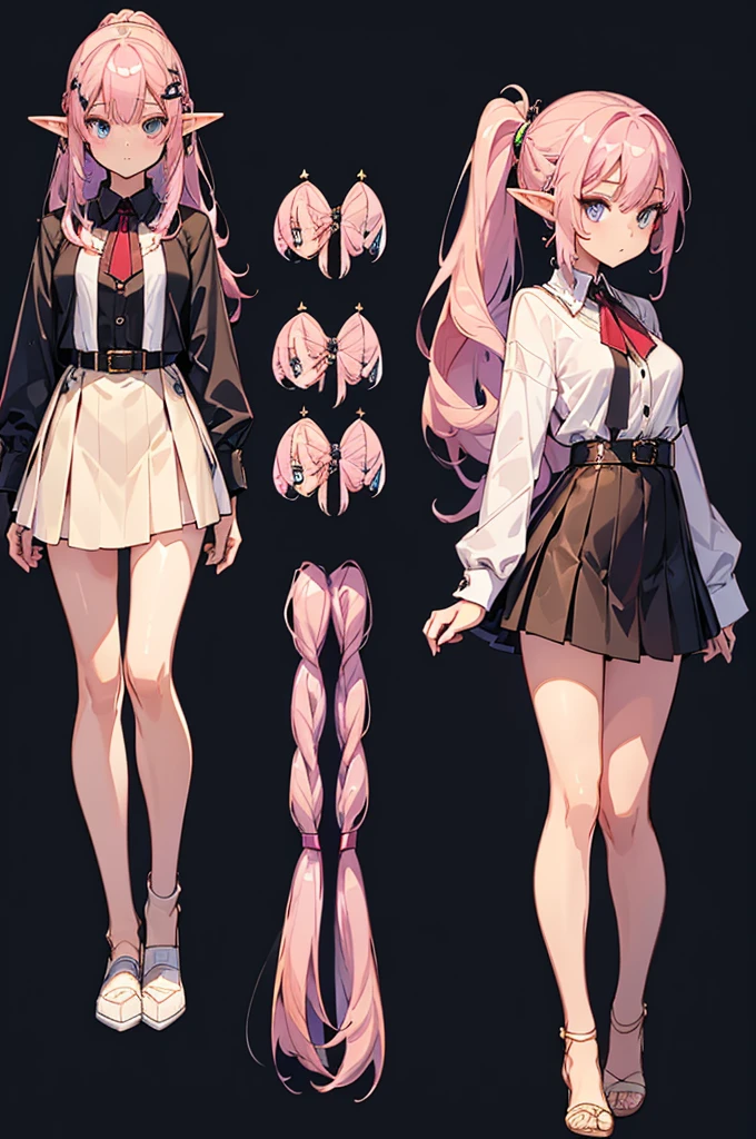  black background with spotlights, improve, Gal、  pointed ears、Elf、Wavy Hair、Braided Disheveled Hair ,  hair ornament、Half-up ponytail,Pink Hair,  beige cardigan ,  check skirt, medium breast,sketch ( character design sheet ,Mr.々Face, same characters, whole body, Three Views, Front, ~ ~ ~ side, return)