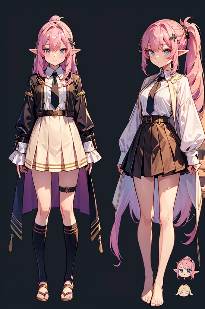  black background with spotlights, improve, Gal、  pointed ears、Elf、Wavy Hair、Braided Disheveled Hair ,  hair ornament、Half-up ponytail,Pink Hair,  beige cardigan ,  check skirt, medium breast,sketch ( character design sheet ,Mr.々Face, same characters, whole body, Three Views, Front, ~ ~ ~ side, return)