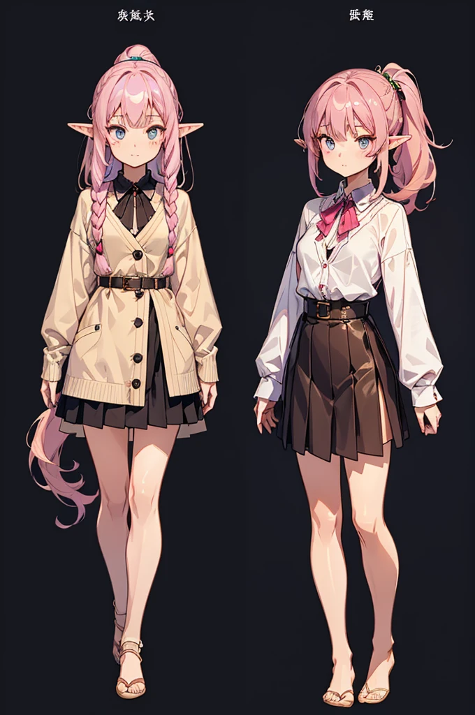  black background with spotlights, improve, Gal、  pointed ears、Elf、Wavy Hair、Braided Disheveled Hair ,  hair ornament、Half-up ponytail,Pink Hair,  beige cardigan ,  check skirt, medium breast,sketch ( character design sheet ,Mr.々Face, same characters, whole body, Three Views, Front, ~ ~ ~ side, return)