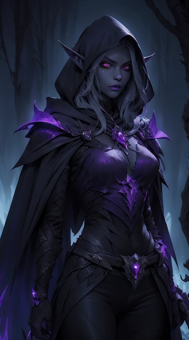 Drow, female, pointed ears, long hair, wearing a hooded cape and a belt, gray skin, red eyes, and a mysterious expression while looking at the spectator. Her outfit is a dark, intricately detailed costume with purple tones, evoking elegance and danger. The background is an underground cavern with glowing purple crystals and deep shadows, creating a mystical and ominous atmosphere. Bright glowing eyes, fine lipstick details, and a focus on perfect anatomy create a striking image. Rendered in the highest quality, inspired by art trends on ArtStation and Greg Rutkowski's style, featuring ultra-detailed textures and a moody, fantastical vibe.