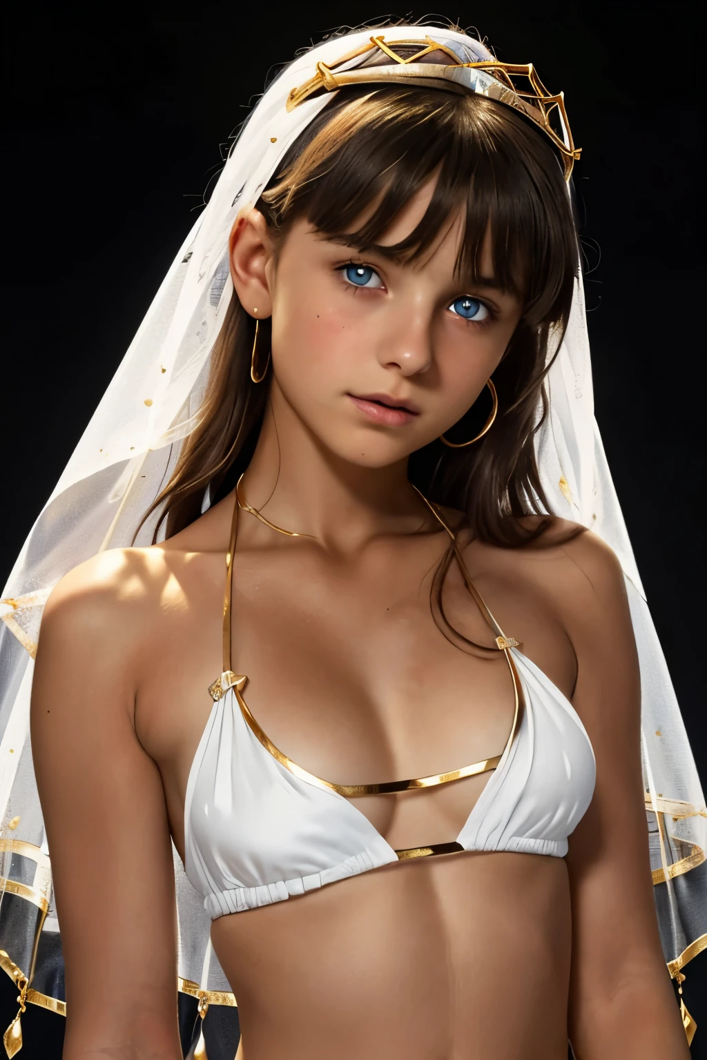 best quality, masterpiece, young french girl, blue eyes, (**yo:1.4), ((tanned skin)), (silhouette lighting:1.1), (upper body:1.3), medium hair with bangs, large breast, (white silk bikini with gold accents:1.2), (underboob:1.4), ((tiara, face veil)), solid black background