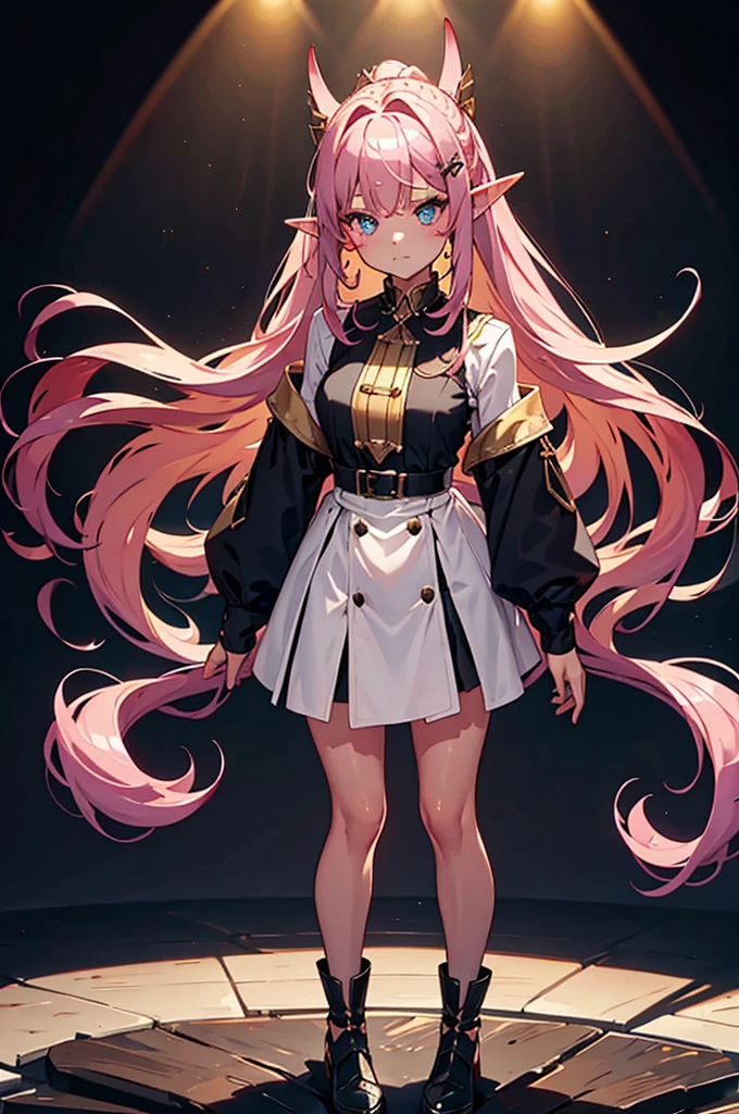  black background with spotlights, improve, Gal、  pointed ears、Elf、Wavy Hair、Braided Disheveled Hair ,  hair ornament、Half-up ponytail,Pink Hair,  beige cardigan ,  check skirt, medium breast,sketch ( character design sheet ,Nihilistic face, Mean face、same characters, whole body, Three Views, Front, ~ ~ ~ side, return)