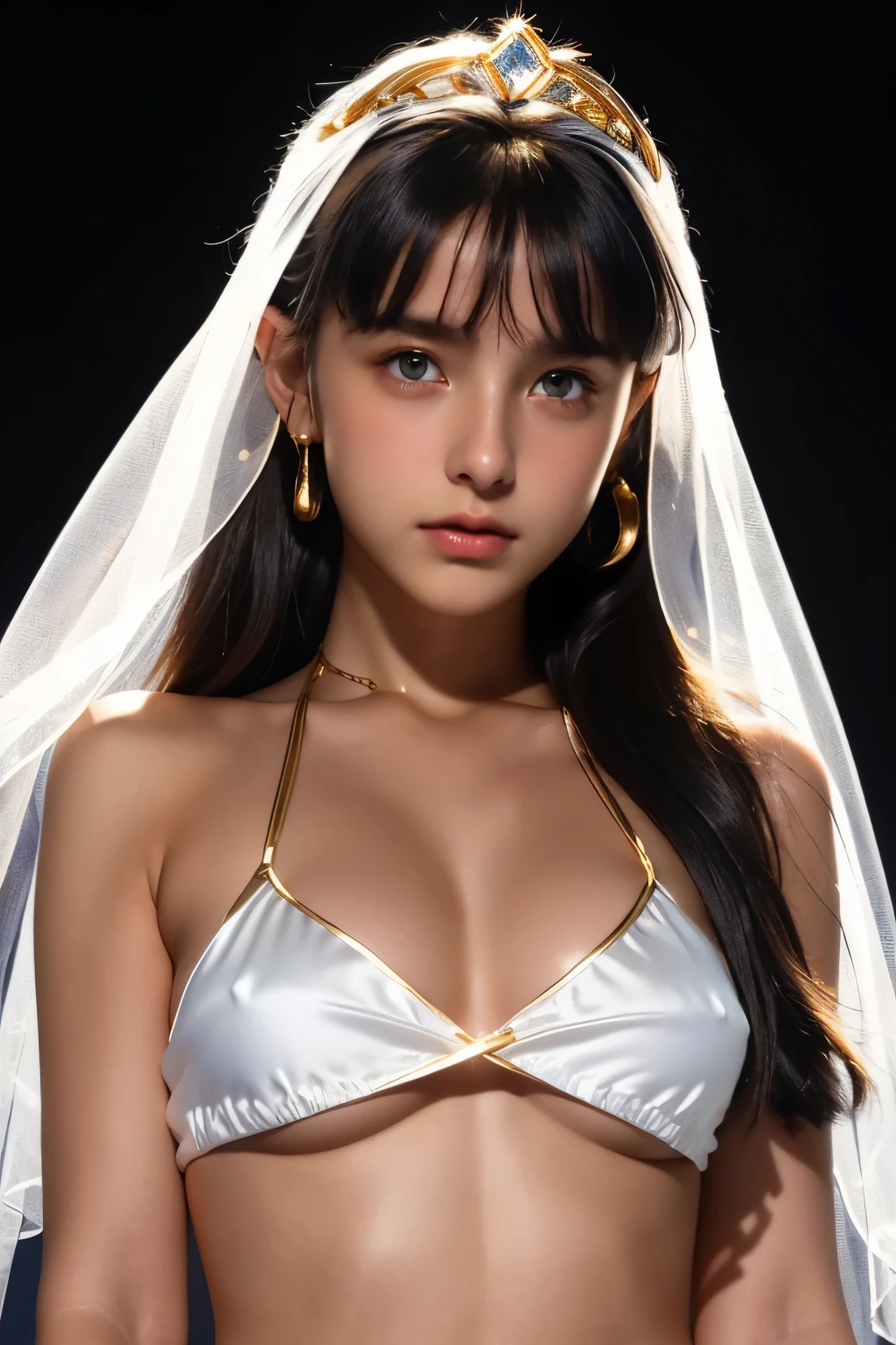 best quality, masterpiece, young french girl, blue eyes, (yo:1.4), ((tanned skin)), (silhouette lighting:1.1), (upper body:1.3), medium hair with bangs, large breast, (white silk bikini with gold accents:1.2), (underboob:1.4), ((tiara, face veil)), solid black background