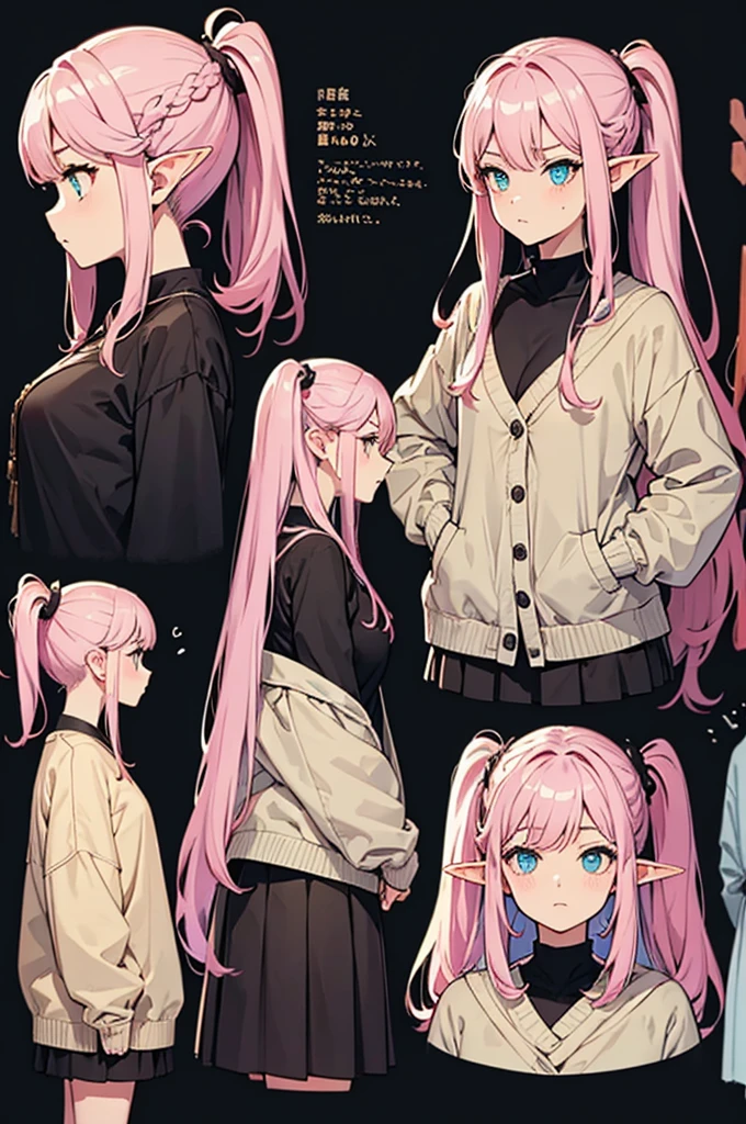  black background with spotlights, improve, Gal、  pointed ears、Elf、Wavy Hair、Braided Disheveled Hair ,  hair ornament、Half-up ponytail,Pink Hair,  beige cardigan ,  check skirt, medium breast,sketch ( character design sheet ,Nihilistic face, Mean face、same characters, whole body, Three Views, Front, ~ ~ ~ side, return)