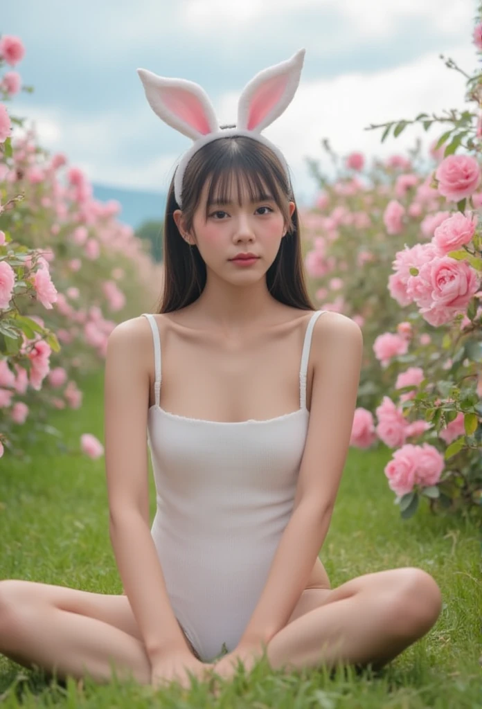 A photography of thai woman 18 years old wearing , White Bodysuit,Rabbit Ear Headband , sitting on a short lawn, ,The background is a pink rose,The sky is cloudy.,bright, mood, atmosphere, photography, full body image