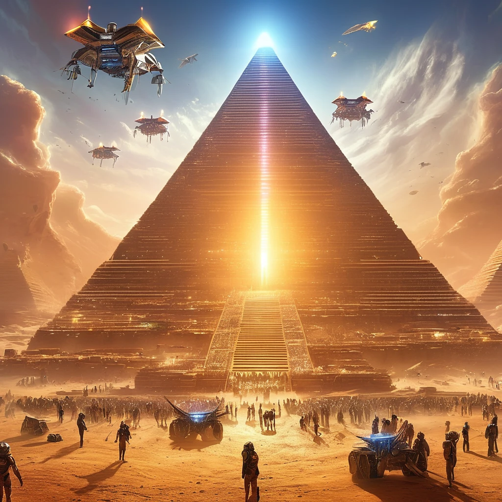  There are many people standing in front of a pyramid under construction with airplanes flying overhead, Alien leader 、Krzysztof Boguszewskiによるマットペインティング ,   CG Society Contest Winners  , Afrofuturism,   ancient mega-structural pyramid  , Ancient futuristic ,  ancient yet futuristic , ,  depicted as a sci-fi scene , Egyptian Environment, The future of the desert,  giant Aztec space city 