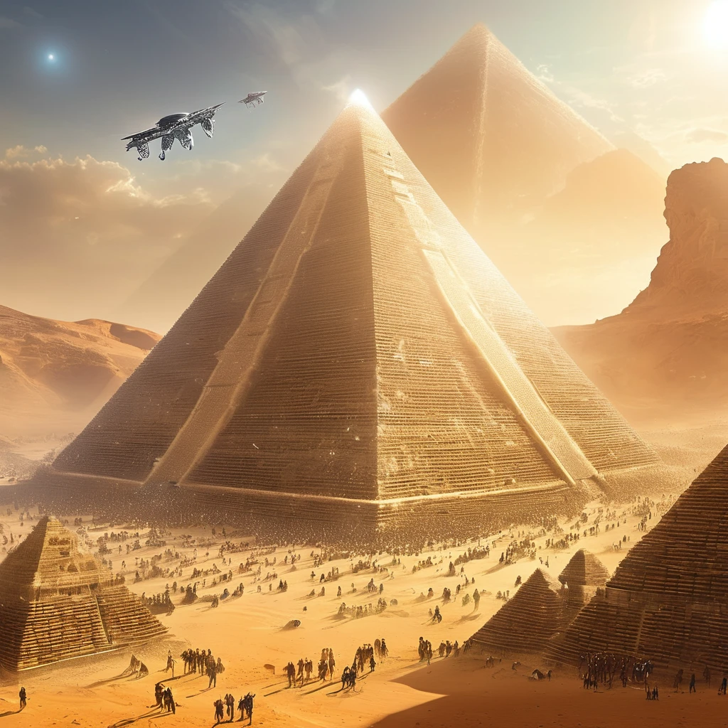  There are many people standing in front of a pyramid under construction with airplanes flying overhead, Alien leader 、Krzysztof Boguszewskiによるマットペインティング ,   CG Society Contest Winners  , Afrofuturism,   ancient mega-structural pyramid  , Ancient futuristic ,  ancient yet futuristic , ,  depicted as a sci-fi scene , Egyptian Environment, The future of the desert,  giant Aztec space city 