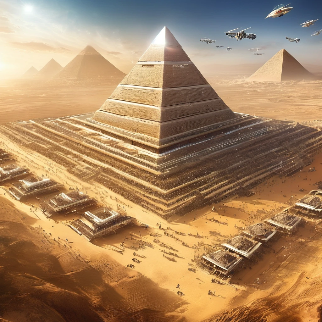  There are many people standing in front of a pyramid under construction with airplanes flying overhead, Alien leader 、Krzysztof Boguszewskiによるマットペインティング ,   CG Society Contest Winners  , Afrofuturism,   ancient mega-structural pyramid  , Ancient futuristic ,  ancient yet futuristic , ,  depicted as a sci-fi scene , Egyptian Environment, The future of the desert,  giant Aztec space city 