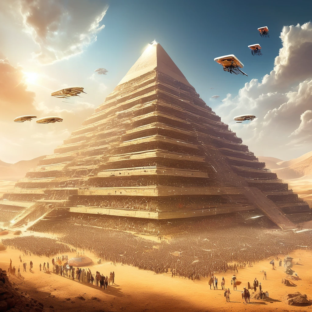  There are many people standing in front of a pyramid under construction with airplanes flying overhead, Alien leader 、Krzysztof Boguszewskiによるマットペインティング ,   CG Society Contest Winners  , Afrofuturism,   ancient mega-structural pyramid  , Ancient futuristic ,  ancient yet futuristic , ,  depicted as a sci-fi scene , Egyptian Environment, The future of the desert,  giant Aztec space city 