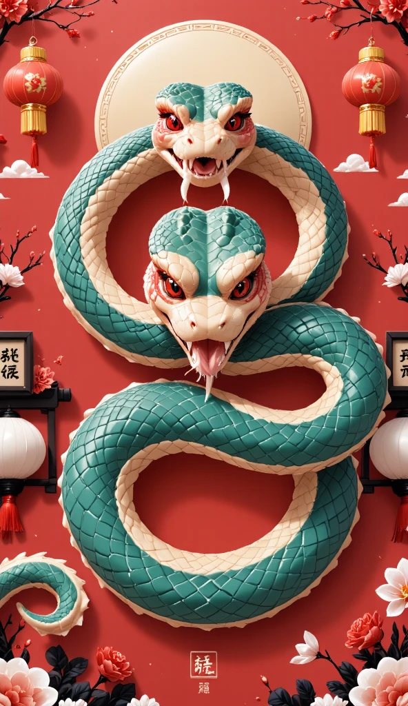  creative e-commerce poster design ， uses a New Year theme for the Year of the Snake that combines national style and pixel style， The snake pattern is presented in pixel art ， Surrounded by traditional Chinese elements ，For example, paper-cutting and couplets ，The overall color scheme is festive and ,High resolution image quality,panoramic，Depth of Field， Extreme Details ， master works， 8k resolution 