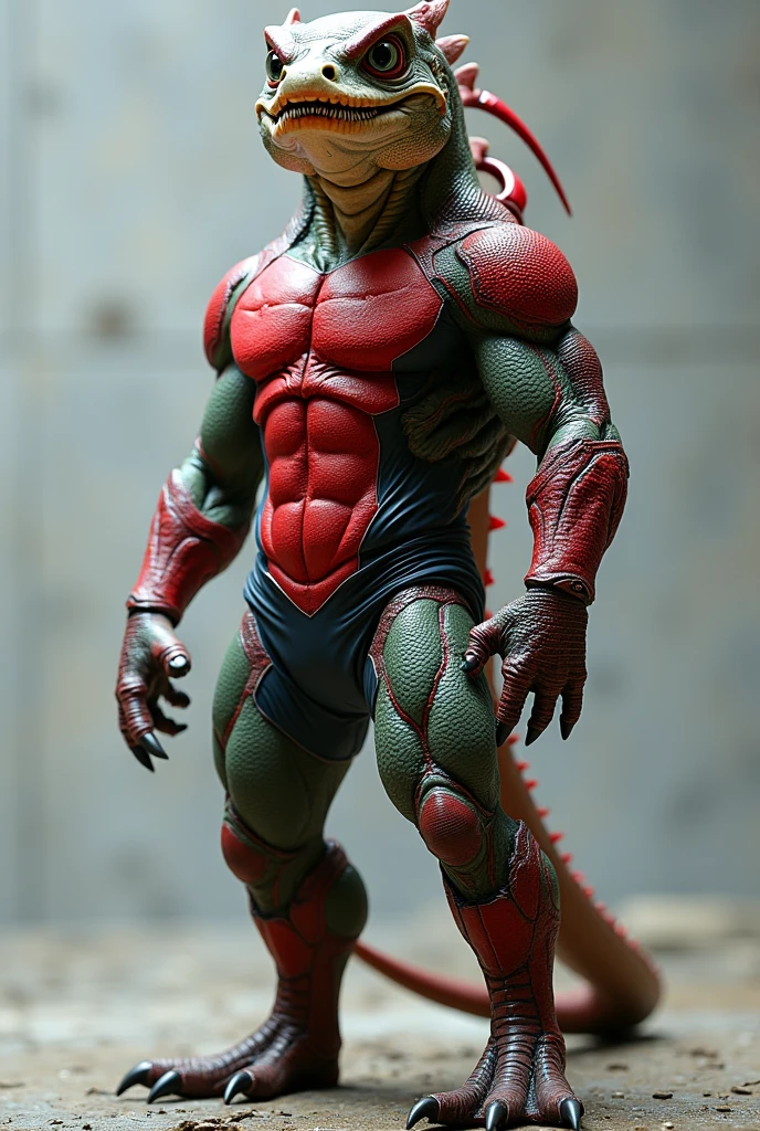 Gere uma imagem fotorrealista de Busuzima, o personagem de Bloody Roar. He is an anthropomorphic chameleon with scaly green skin, yellow eyes and a long forked tongue. he is in a battle pose, with clenched fists and tense muscles. The background should be a dark and gloomy urban setting.