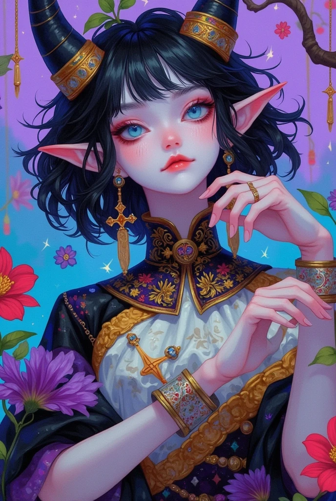 by alex paul han, in the style of colorful fantasy, kawacy, denis sarazhin, light purple and azure, chen zhen, exaggerated nobility, close up