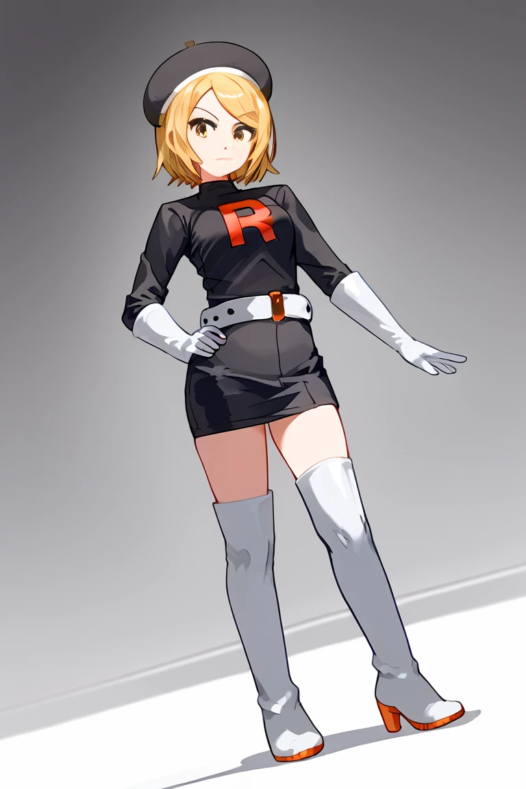 score 9, score 8 up, score 7 up, rating questionable, 
detailed background,
chiyono, 1 girl, full body, kagamine rin , yellow  eyes, cosplay, Team Rocket uniform, Full body, Girl, Masterpiece, Top quality, (Illustration), Cinematic angle, Cosplay, Team Rocket uniform, Black jacket, Red letter R, Black skirt, White thigh-high boots, White elbow gloves, White belt, Black beret, Staring at the viewer, High quality