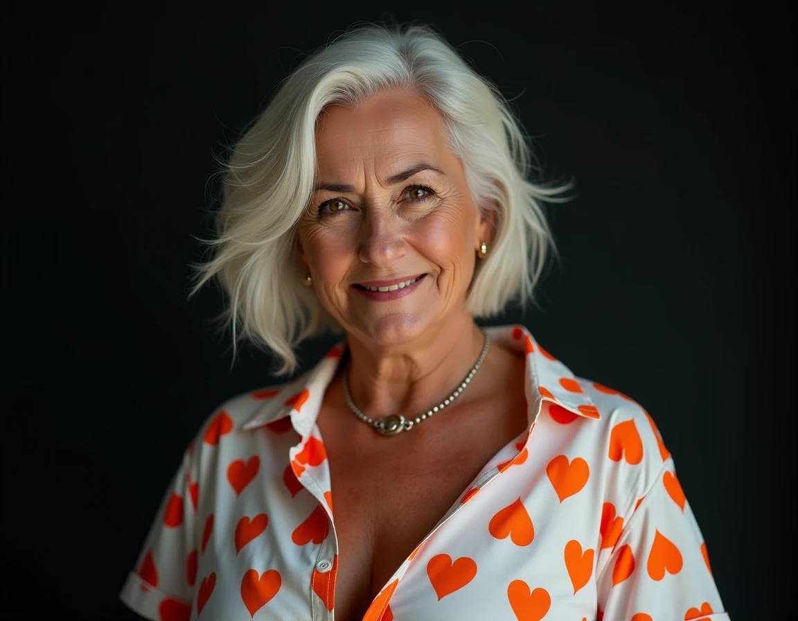 1 mature woman in 60 years of age, alone, casual medium hair, by bob, Curvy body, looking at the viewer, grisrubiopelo, Wrinkles on the face, bare shoulders, Brown eyes, joya, Whole body, a necklace, off the shoulders, (wearing an elegant collared shirt and tie with a red heart print), distant photo, realist, a sexy one, beautiful color, Perfect skin, 3 bust size, Instagram (realist, A high resolution),photo size 3:4, 1 cute sexy mature woman, big expressive blue eyes, happy, (8k, raw photo, Best Quality, High detail, curvilinear shapes, Curvy body, seductive pose, in the studio Photo with three-port lighting., with black wall background. I took this high resolution image with a 35mm lens to get a good perspective...