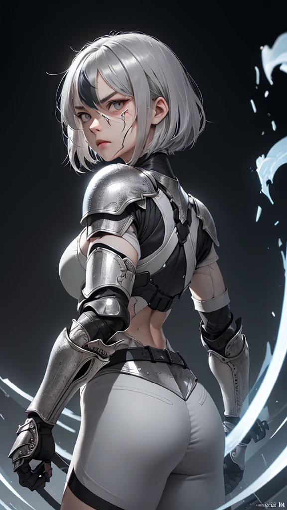   movie poster with young woman as protagonist 、 (Silver_hair, dark gray_hair,two-tone_hair:1.4)、( short bob:1.2)、(Clear White Eyes 1.4)、 Her face has a fixed expression  ,(Silver Armor:1.5)、(black simple background 1 .4)、Rough, With danger and tension、 (Rear shot:1.1) 、( Short Bang :1.3)、(Glare:1.5)、stoop,(anger:1.3)、 Big Breasts 、Abrasions on face