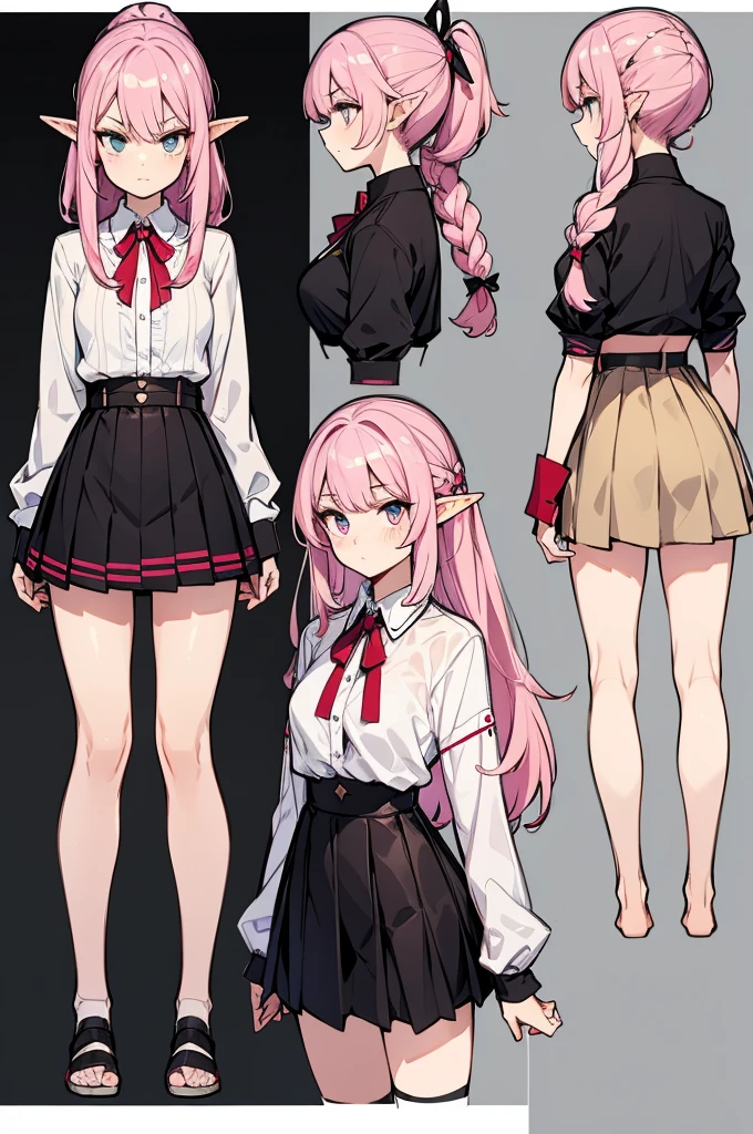  black background with spotlights, improve,  pointed ears、Elf、Braided Disheveled Hair , Half-up ponytail,Pink Hair,  beige cardigan ,  check skirt, medium breast,sketch ( character design sheet , same characters, whole body, Three Views, Front, ~ ~ ~ side, return)