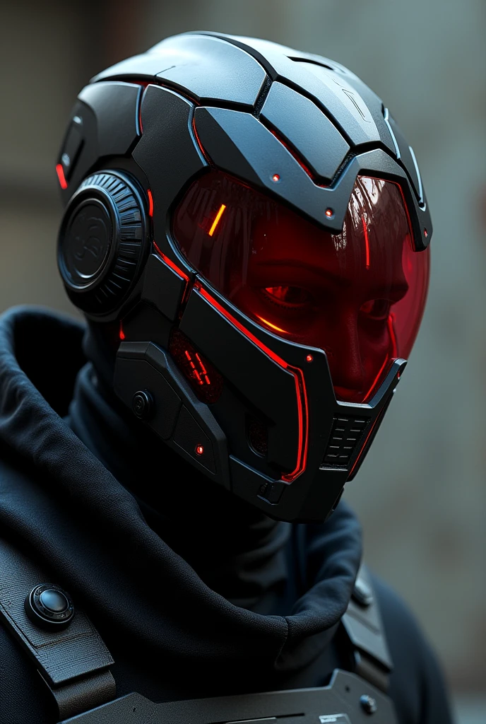 (8k quality, masterpiece, best photography), facial photo of a cyborg mask (red and black), cyberpunk inspiration, dark background, eyes glaring red, best looking mask,