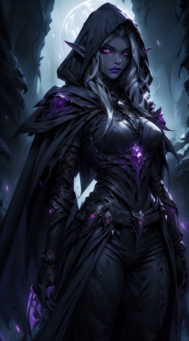 Drow, female, pointed ears, long hair, wearing a hooded cape and a belt, gray skin, red eyes, and a mysterious expression while looking at the spectator. Her outfit is a dark, intricately detailed costume with purple tones, evoking elegance and danger. The background is an underground cavern with glowing purple crystals and deep shadows, creating a mystical and ominous atmosphere. Bright glowing eyes, fine lipstick details, and a focus on perfect anatomy create a striking image. Rendered in the highest quality, inspired by art trends on ArtStation and Greg Rutkowski's style, featuring ultra-detailed textures and a moody, fantastical vibe.