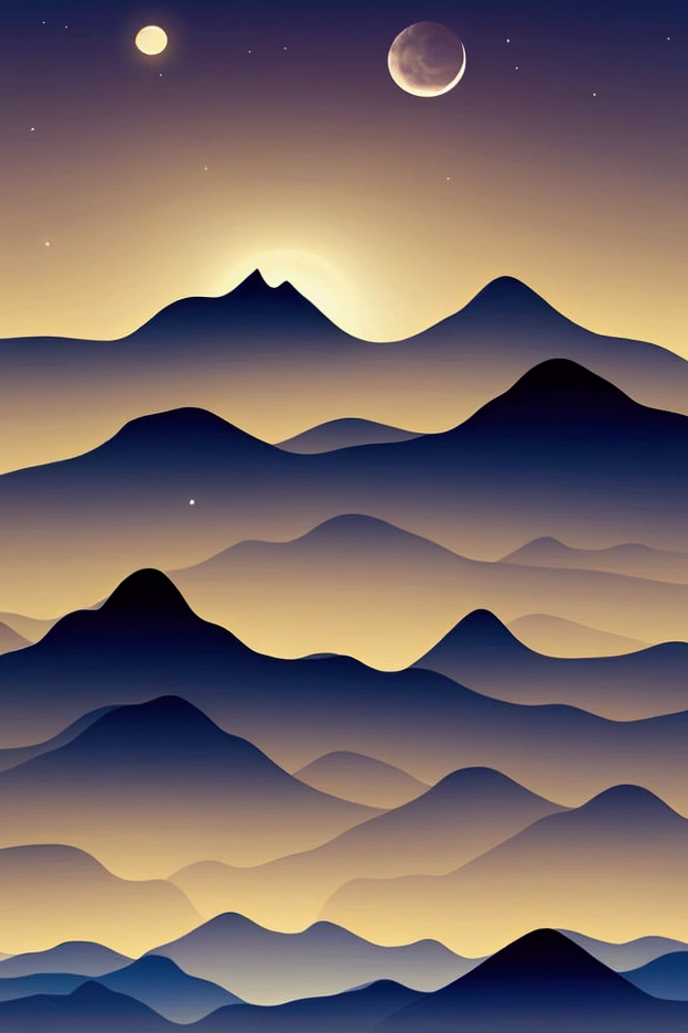  Winding mountain silhouettes, Night environment blue tones  .   vector style  